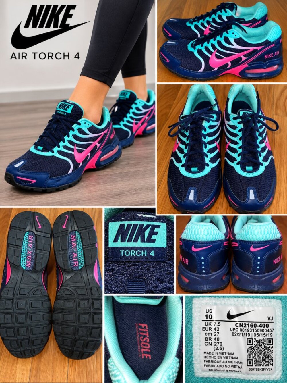 Nike Air Torch 4 Women’s 10 Navy Pink Aqua Running Shoes CN2160-400